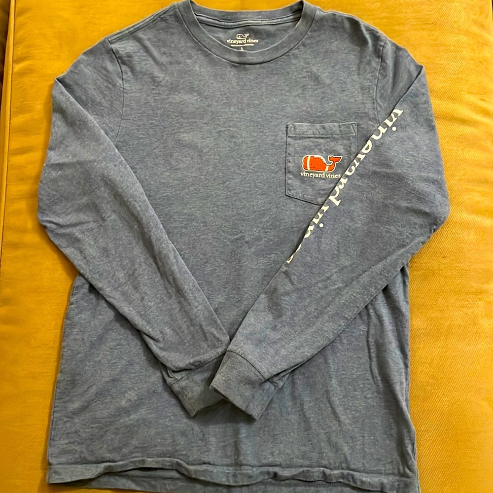 Vineyard Vines boys L (16) heather blue long sleeve t-shirt w/ football whale